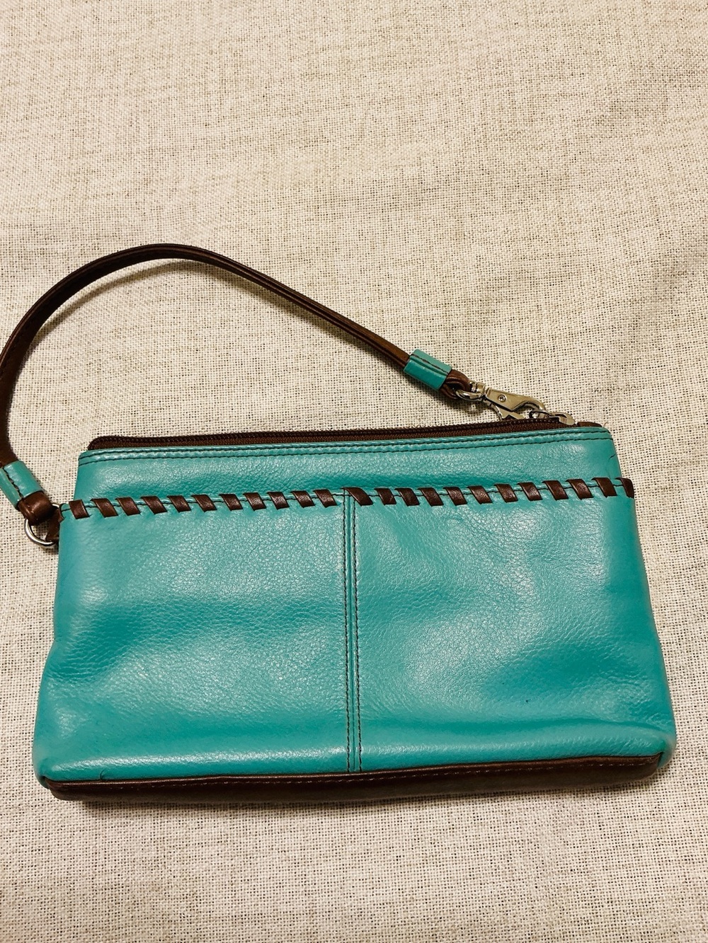 REID Aqua Blue Leather Whipstitch Wristlet Clutch Brown Trim Zip Pouch EUC - Picture 1 of 6